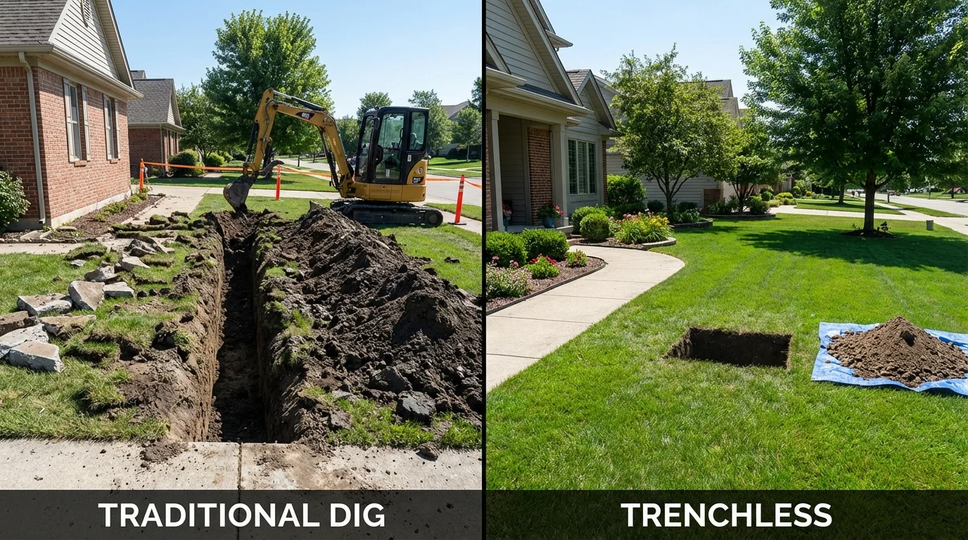 Trenchless sewer repair with minimal yard damage versus traditional excavation in Warren, MA