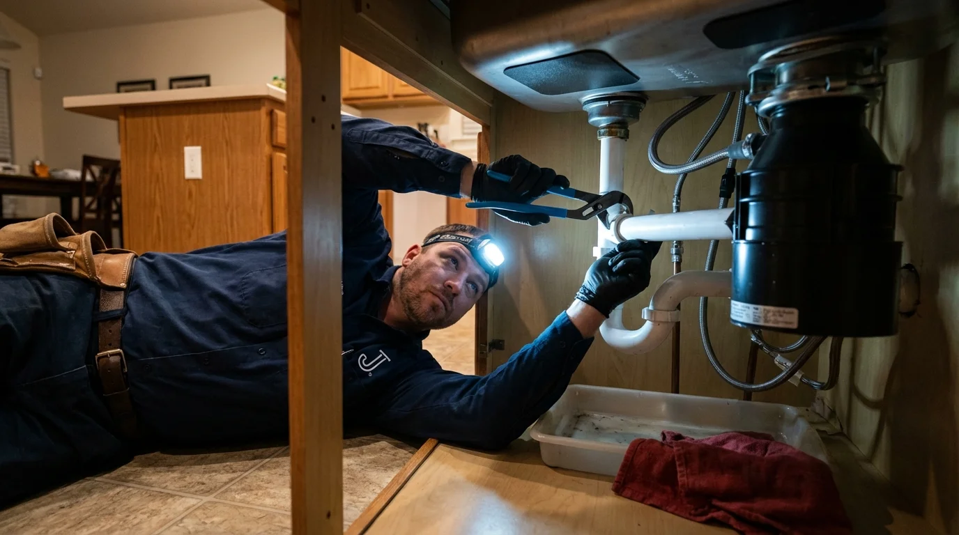 P-trap and supply line connections under a kitchen sink showing a common leak point in Warren, MA